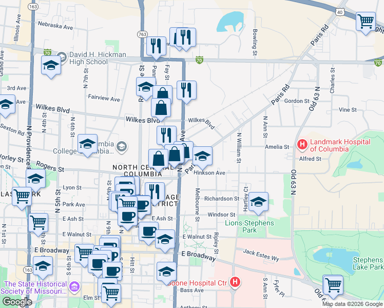 map of restaurants, bars, coffee shops, grocery stores, and more near 1317 Paris Road in Columbia