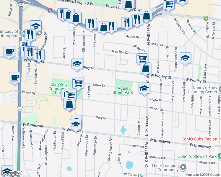 map of restaurants, bars, coffee shops, grocery stores, and more near 1306 Lowe Street in Columbia