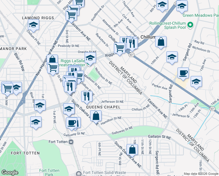 map of restaurants, bars, coffee shops, grocery stores, and more near 637 Kensington Place Northeast in Washington