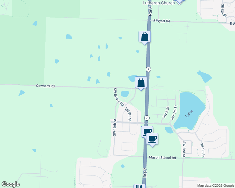 map of restaurants, bars, coffee shops, grocery stores, and more near 25906 Cowherd Road in Blue Springs