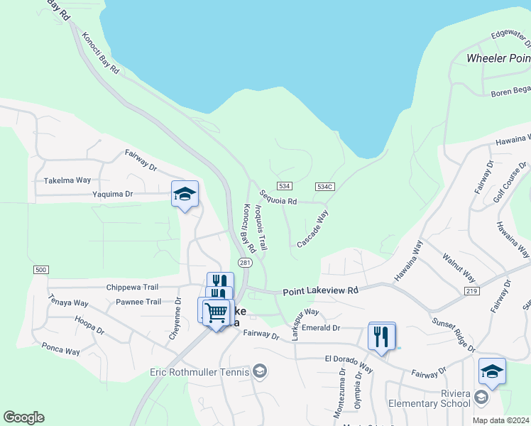 map of restaurants, bars, coffee shops, grocery stores, and more near 4828 Iroquois Trail in Kelseyville