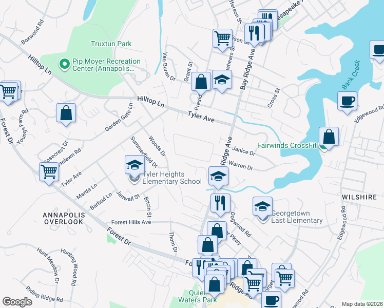 map of restaurants, bars, coffee shops, grocery stores, and more near 1055 Cedar Ridge Court in Annapolis