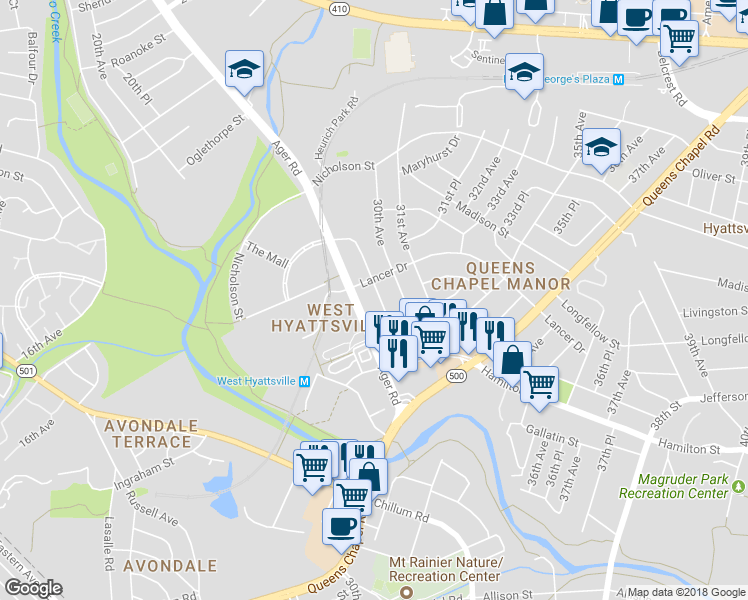 map of restaurants, bars, coffee shops, grocery stores, and more near 5616 29th Avenue in Hyattsville