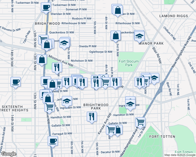 map of restaurants, bars, coffee shops, grocery stores, and more near 424 Missouri Avenue Northwest in Washington