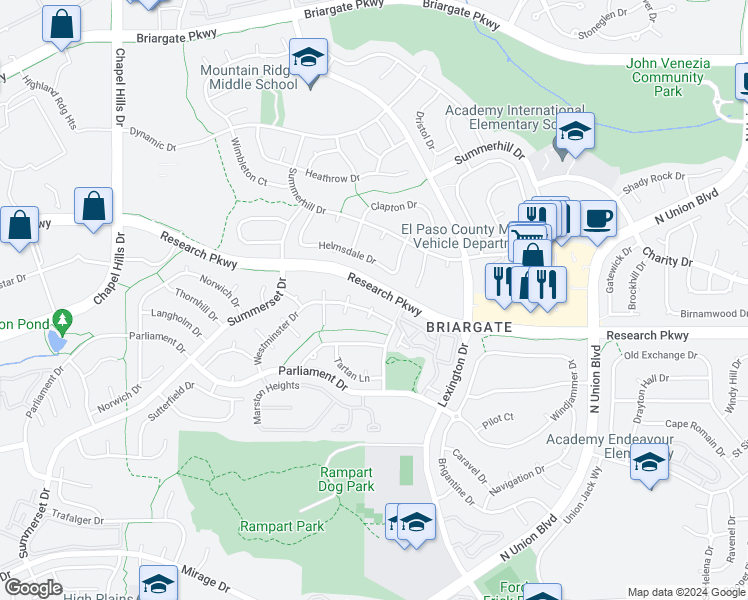 map of restaurants, bars, coffee shops, grocery stores, and more near 8740 Westminster Drive in Colorado Springs