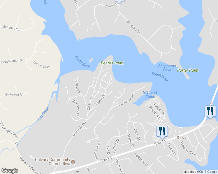 map of restaurants, bars, coffee shops, grocery stores, and more near 525 Poplar Drive in Riva