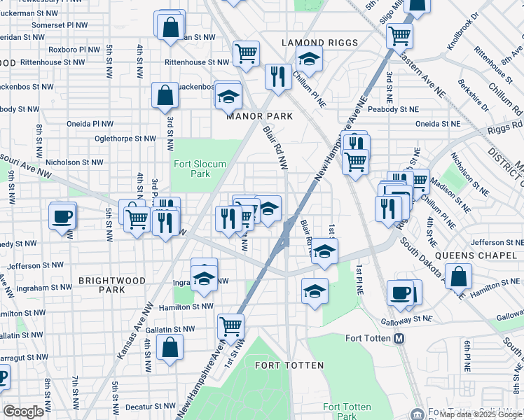 map of restaurants, bars, coffee shops, grocery stores, and more near 29 Longfellow Street Northwest in Washington