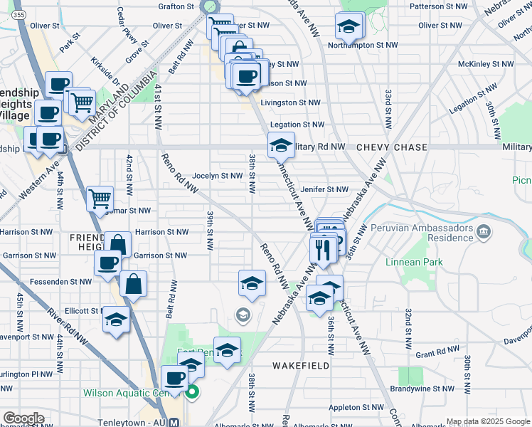 map of restaurants, bars, coffee shops, grocery stores, and more near 3737 Huntington Street Northwest in Washington