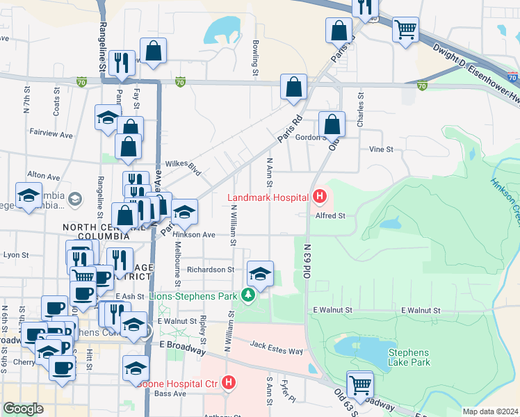 map of restaurants, bars, coffee shops, grocery stores, and more near 607 North Ann Street in Columbia