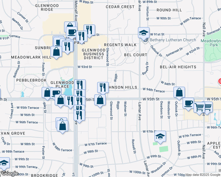 map of restaurants, bars, coffee shops, grocery stores, and more near 9434 Riggs in Overland Park