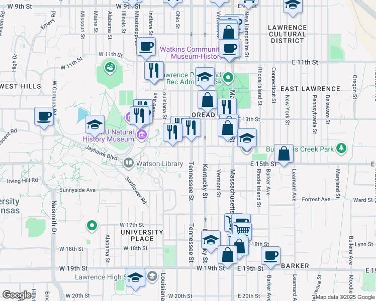 map of restaurants, bars, coffee shops, grocery stores, and more near 1403 Tennessee Street in Lawrence