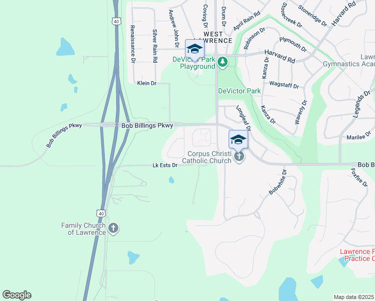 map of restaurants, bars, coffee shops, grocery stores, and more near 1516 Legend Trail Drive in Lawrence