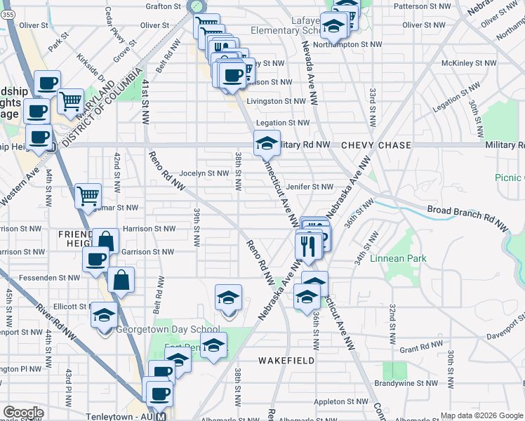 map of restaurants, bars, coffee shops, grocery stores, and more near 3725 Huntington Street Northwest in Washington