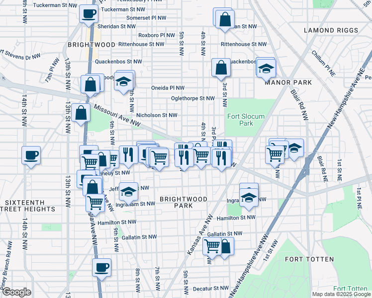 map of restaurants, bars, coffee shops, grocery stores, and more near 430 Missouri Avenue Northwest in Washington