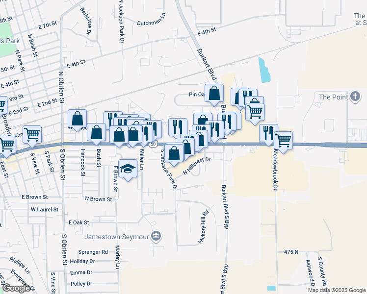 map of restaurants, bars, coffee shops, grocery stores, and more near 1224 East Tipton Street in Seymour