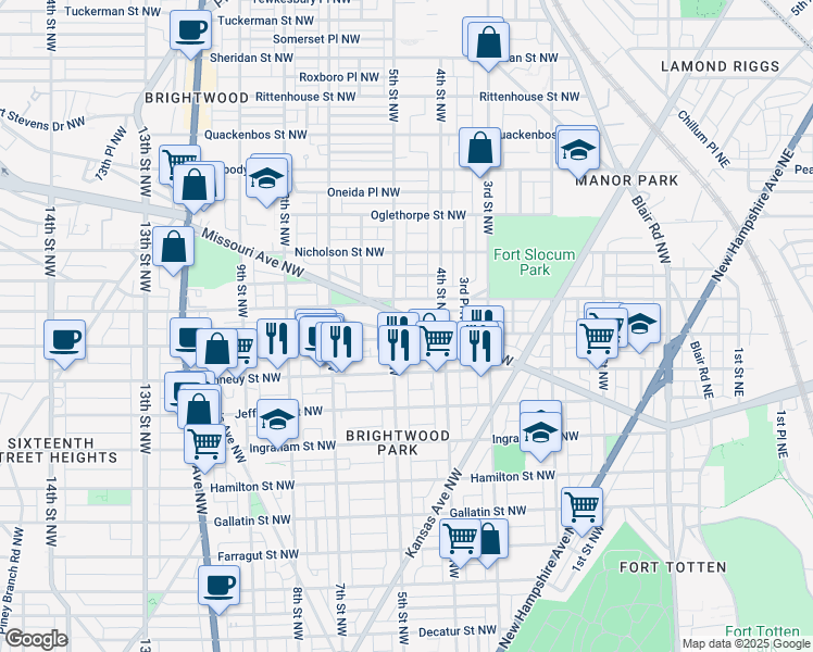 map of restaurants, bars, coffee shops, grocery stores, and more near 424 Missouri Avenue Northwest in Washington