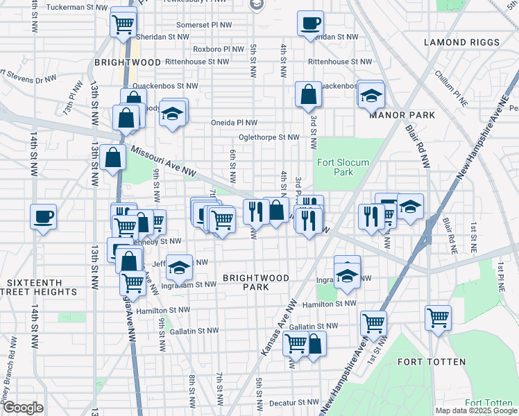 map of restaurants, bars, coffee shops, grocery stores, and more near 430 Missouri Avenue Northwest in Washington