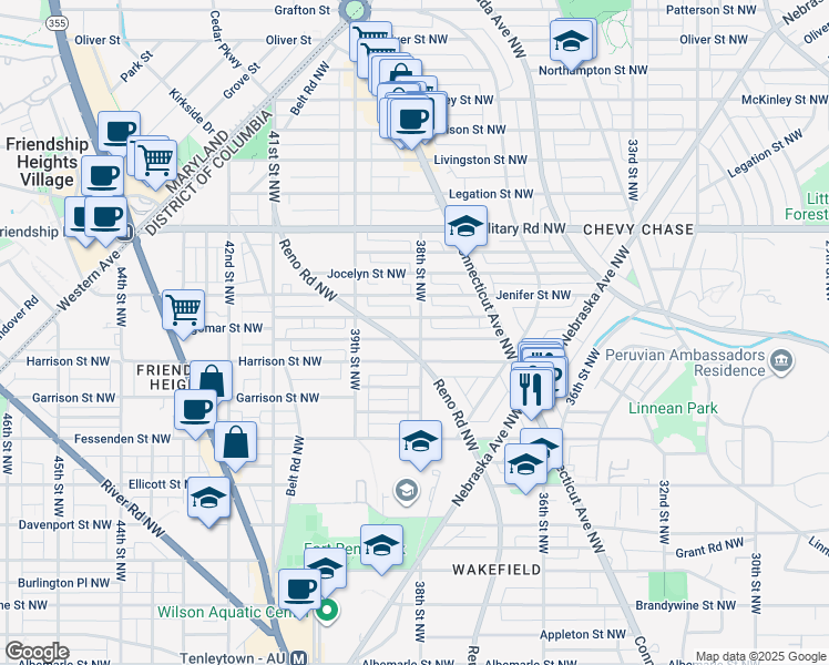 map of restaurants, bars, coffee shops, grocery stores, and more near 5204 38th Street Northwest in Washington