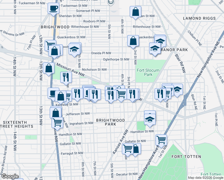 map of restaurants, bars, coffee shops, grocery stores, and more near 430 Missouri Avenue Northwest in Washington