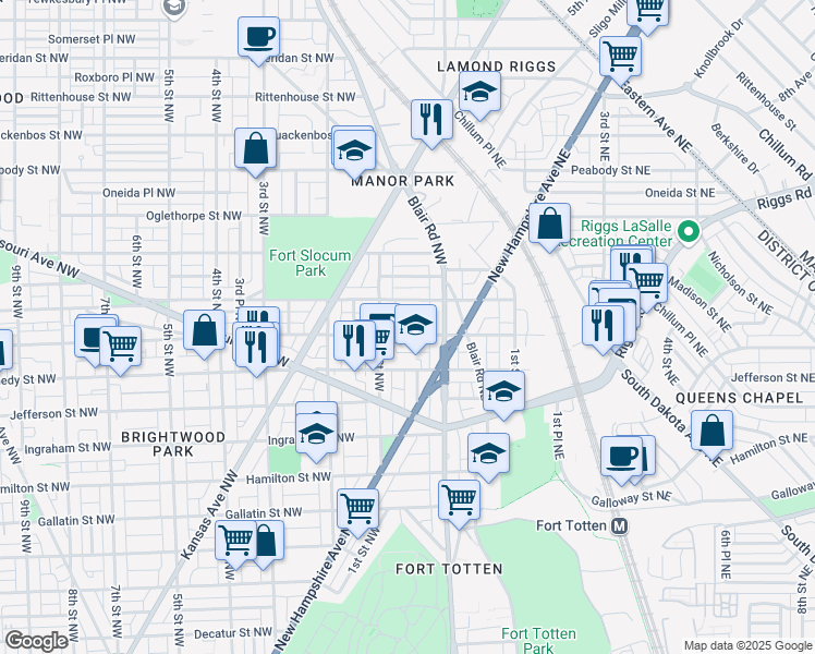 map of restaurants, bars, coffee shops, grocery stores, and more near 29 Longfellow Street Northwest in Washington