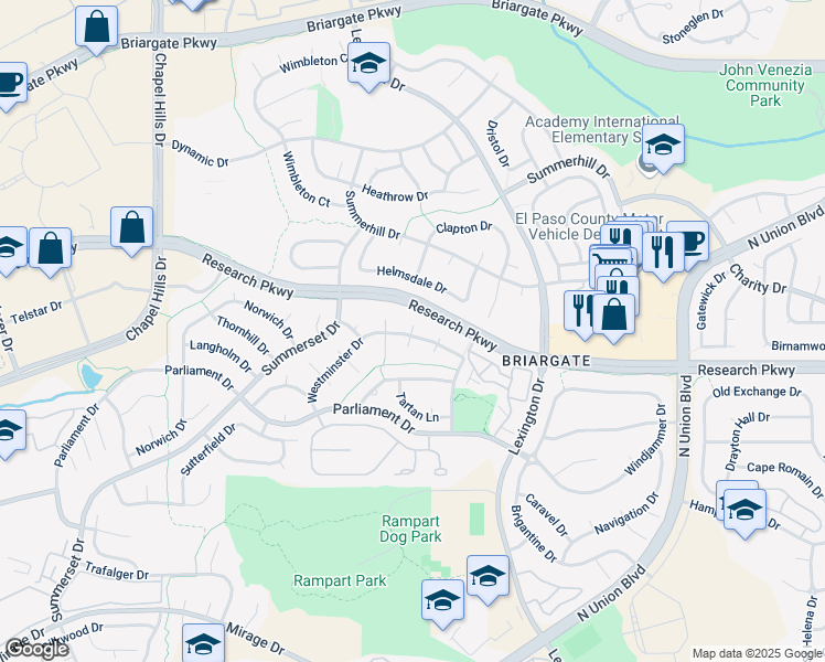 map of restaurants, bars, coffee shops, grocery stores, and more near 8735 Anglewood Court in Colorado Springs