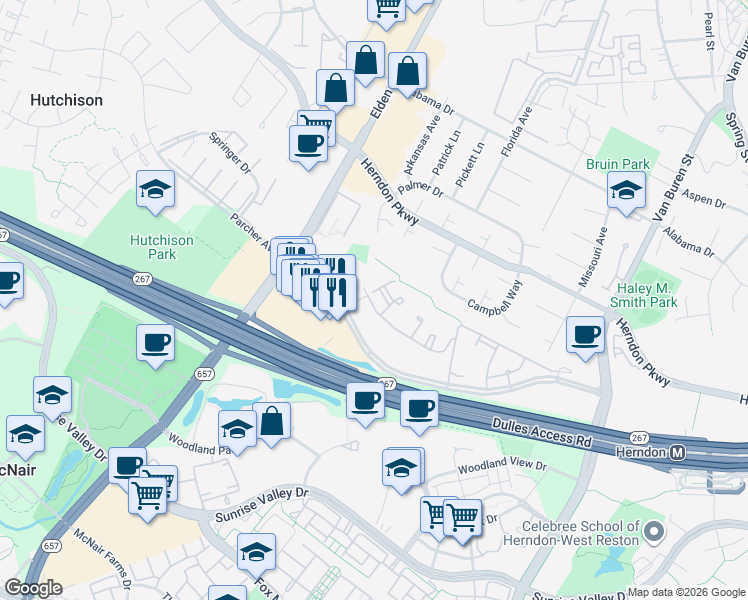 map of restaurants, bars, coffee shops, grocery stores, and more near 2100 Wilkes Way in Herndon