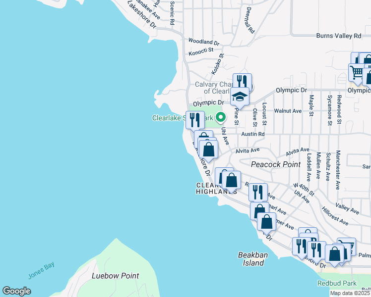 map of restaurants, bars, coffee shops, grocery stores, and more near 14089 Lakeshore Dr in Clearlake
