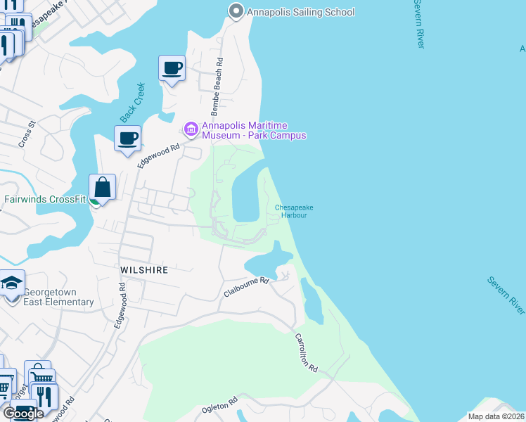 map of restaurants, bars, coffee shops, grocery stores, and more near 2154 Chesapeake Harbour Drive in Annapolis