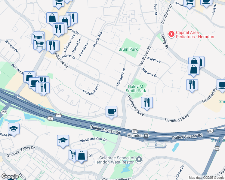 map of restaurants, bars, coffee shops, grocery stores, and more near 299 Missouri Avenue in Herndon