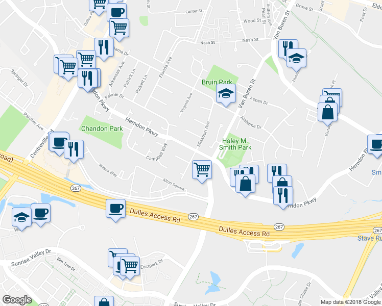 map of restaurants, bars, coffee shops, grocery stores, and more near 299 Missouri Avenue in Herndon