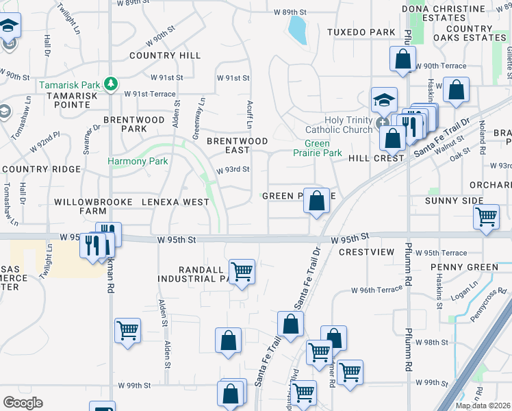map of restaurants, bars, coffee shops, grocery stores, and more near 9335 Acuff Lane in Lenexa