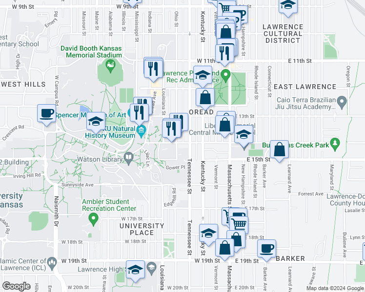 map of restaurants, bars, coffee shops, grocery stores, and more near 1403 Tennessee Street in Lawrence