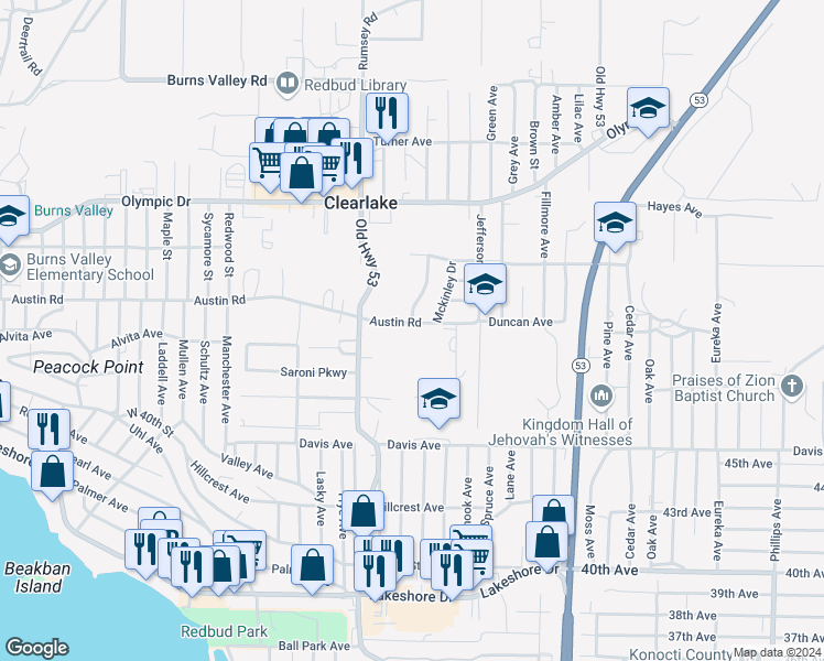map of restaurants, bars, coffee shops, grocery stores, and more near 15160 Austin Road in Clearlake