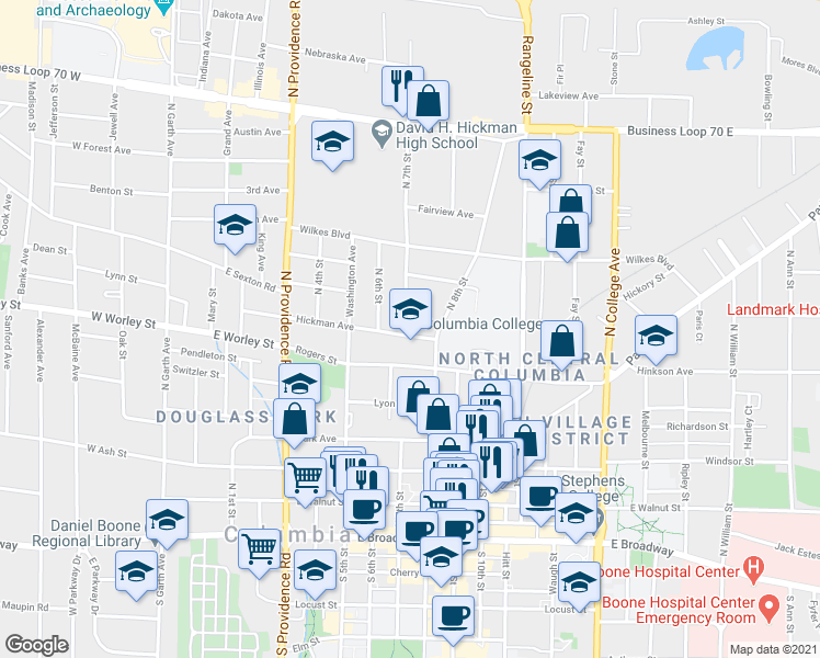 map of restaurants, bars, coffee shops, grocery stores, and more near 701 Hickman Avenue in Columbia