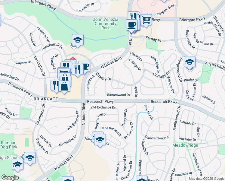 map of restaurants, bars, coffee shops, grocery stores, and more near 3385 Brunswick Drive in Colorado Springs