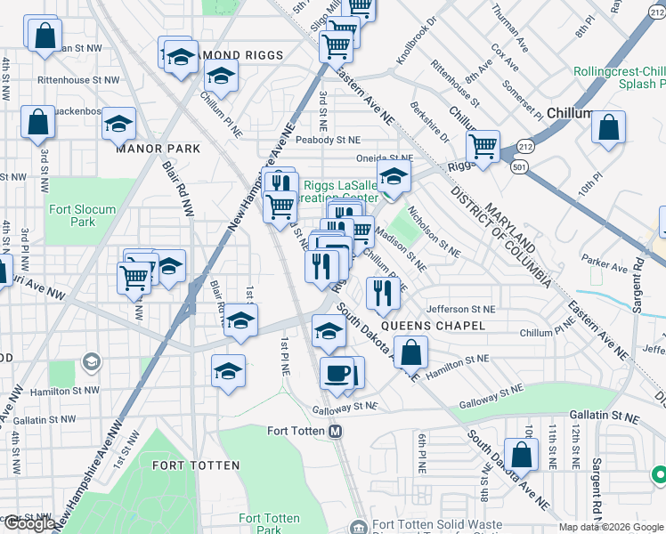 map of restaurants, bars, coffee shops, grocery stores, and more near 101 Independence Avenue Southeast in Washington