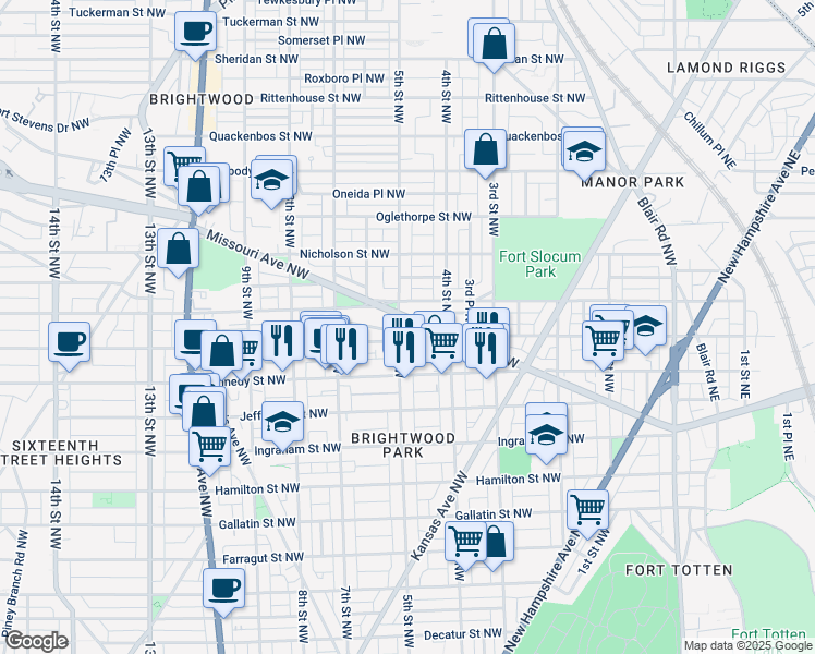 map of restaurants, bars, coffee shops, grocery stores, and more near 430 Missouri Avenue Northwest in Washington