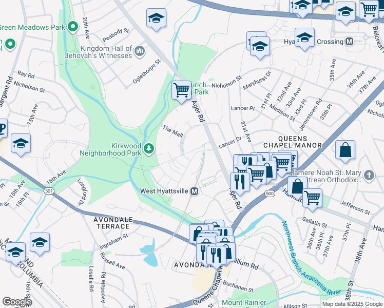 map of restaurants, bars, coffee shops, grocery stores, and more near 5684 Little Branch Run in Hyattsville