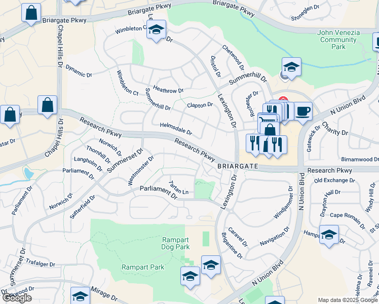 map of restaurants, bars, coffee shops, grocery stores, and more near 8740 Westminster Drive in Colorado Springs