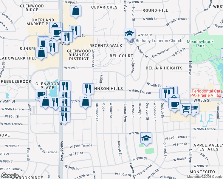 map of restaurants, bars, coffee shops, grocery stores, and more near 9441 Walmer Street in Overland Park