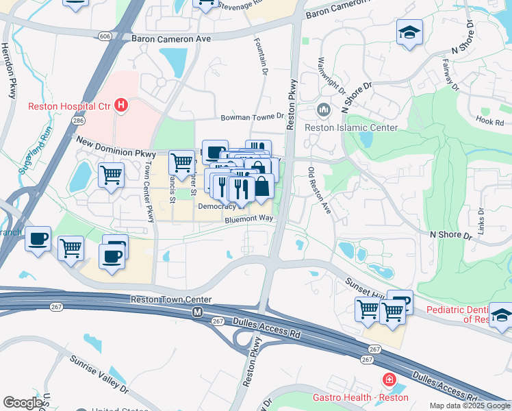 map of restaurants, bars, coffee shops, grocery stores, and more near 1800 Discovery Street in Reston