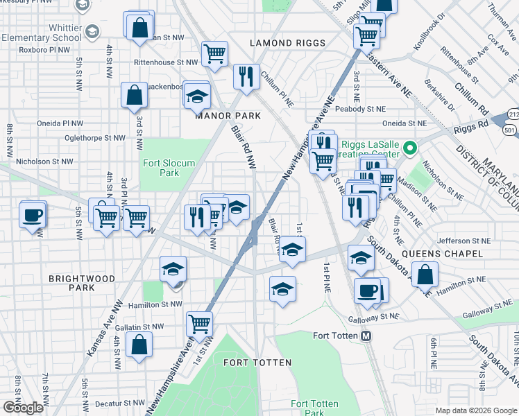 map of restaurants, bars, coffee shops, grocery stores, and more near 5603 North Capitol Street Northwest in Washington