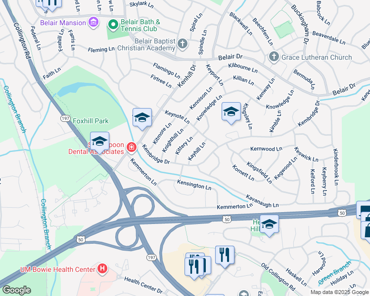 map of restaurants, bars, coffee shops, grocery stores, and more near 2509 Kittery Lane in Bowie