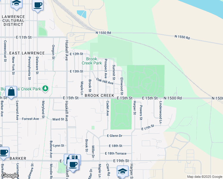map of restaurants, bars, coffee shops, grocery stores, and more near 1409 Summit Street in Lawrence