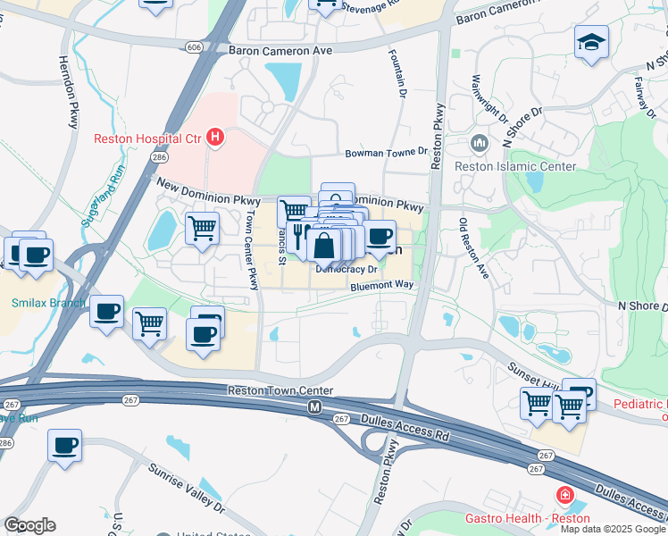 map of restaurants, bars, coffee shops, grocery stores, and more near 11950 Democracy Drive in Reston