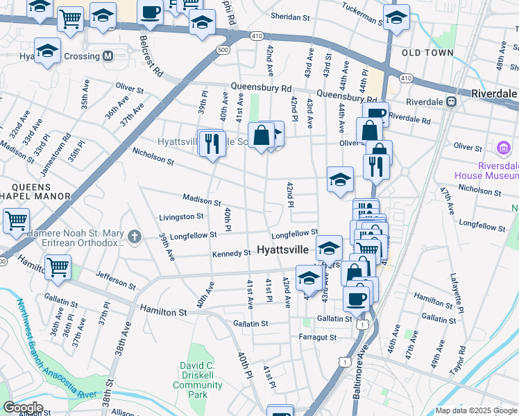map of restaurants, bars, coffee shops, grocery stores, and more near 4106 Madison Street in Hyattsville