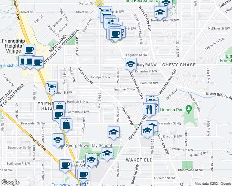 map of restaurants, bars, coffee shops, grocery stores, and more near 5204 38th Street Northwest in Washington