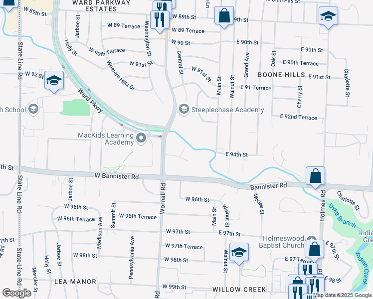 map of restaurants, bars, coffee shops, grocery stores, and more near 206 West 94th Street in Kansas City