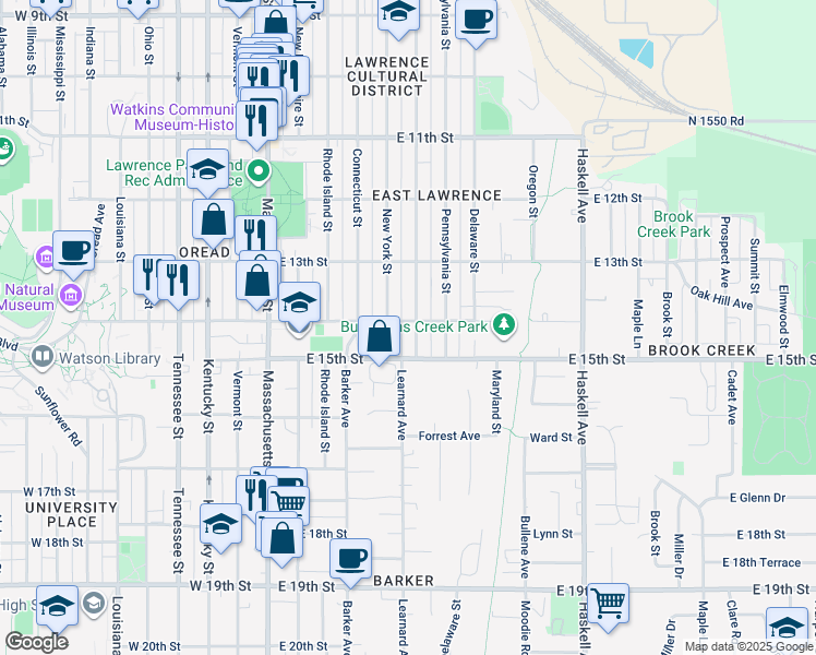 map of restaurants, bars, coffee shops, grocery stores, and more near 1405 New Jersey Street in Lawrence