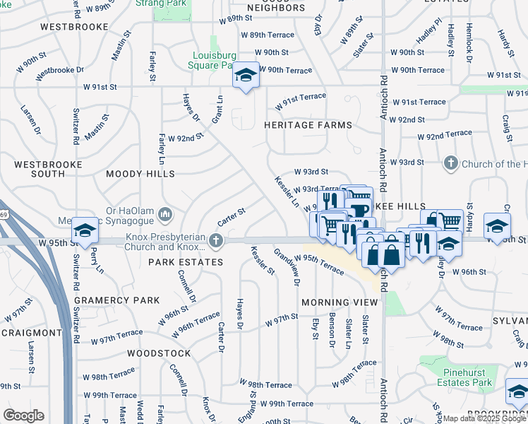 map of restaurants, bars, coffee shops, grocery stores, and more near 9302 Grant Drive in Overland Park